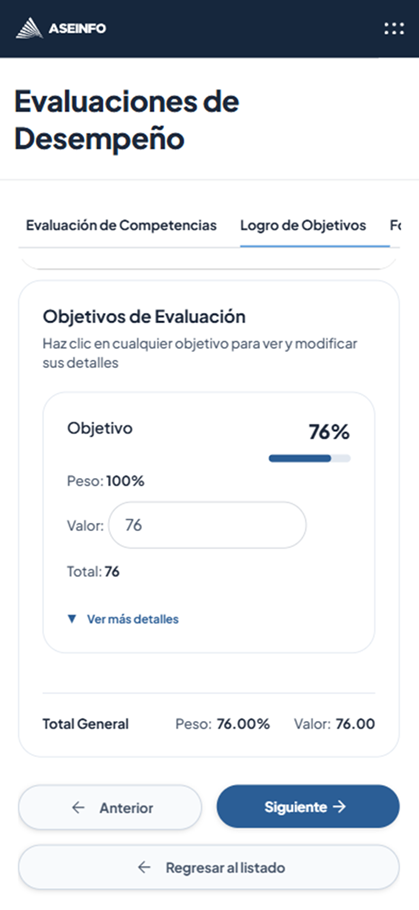 Vista móvil de logro de objetivos